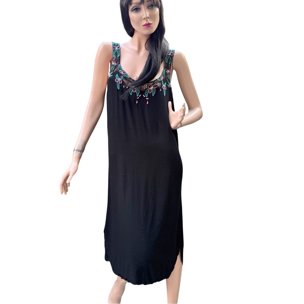 Vintage Floral Embroidered Midi Dress Black  Blue Pink‎ Cotton Sleeveless Boho M